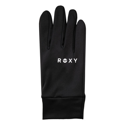 A single black Hydrosmart Liner Glove by Roxy, featuring the word ROXY and a small white logo printed on the back, is displayed against a white background. This women’s touchscreen-compatible glove offers comfort and functionality for everyday wear.
