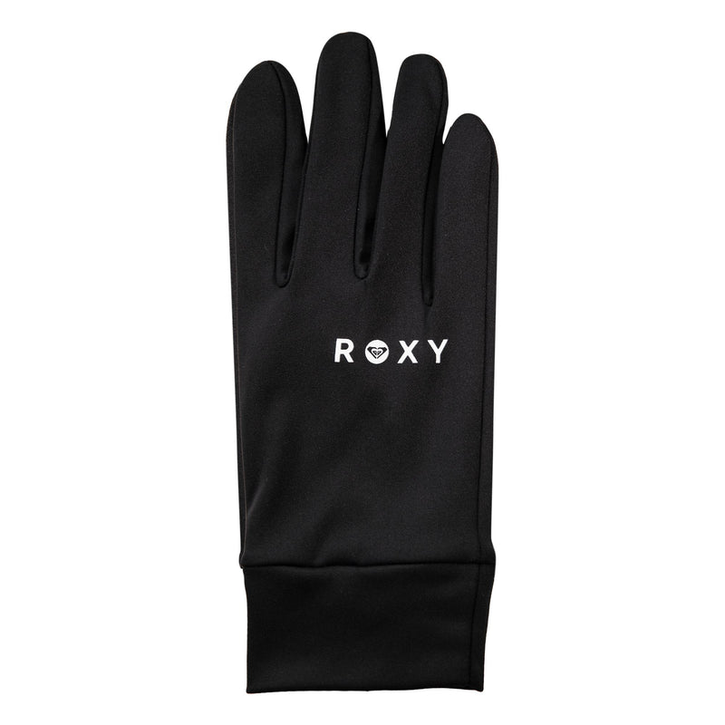 A single black Hydrosmart Liner Glove by Roxy, featuring the word ROXY and a small white logo printed on the back, is displayed against a white background. This women’s touchscreen-compatible glove offers comfort and functionality for everyday wear.
