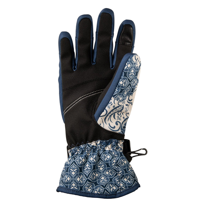 The Roxy Jetty Gloves by Roxy are blue and black winter gloves with a white floral and geometric pattern on the palm side and wrist, featuring an adjustable drawstring at the cuff. These waterproof gloves are designed to keep your hands warm and dry in cold conditions.