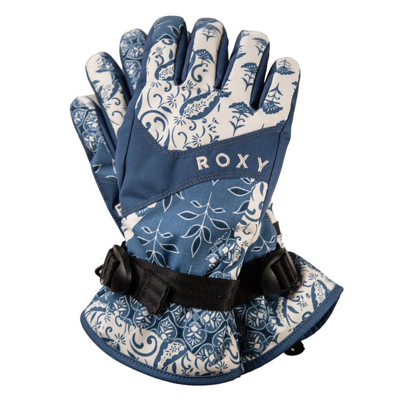 A pair of Roxy Jetty Gloves in blue and white, featuring a floral pattern, adjustable wrist straps, and reinforced palms and fingers. These waterproof gloves by Roxy are designed to keep your hands warm and dry during winter activities.
