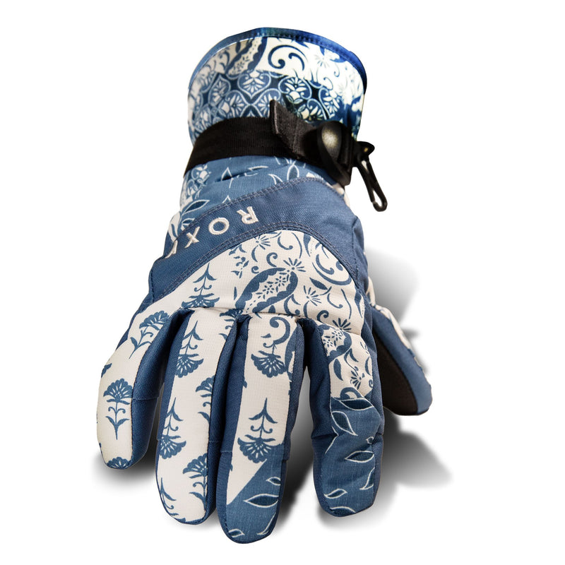 A pair of Roxy Jetty Gloves in blue and white with a floral pattern, featuring a black strap and ROXY text on the back, is displayed on a white background. These waterproof gloves from Roxy are designed to keep your hands warm and dry during cold weather activities.