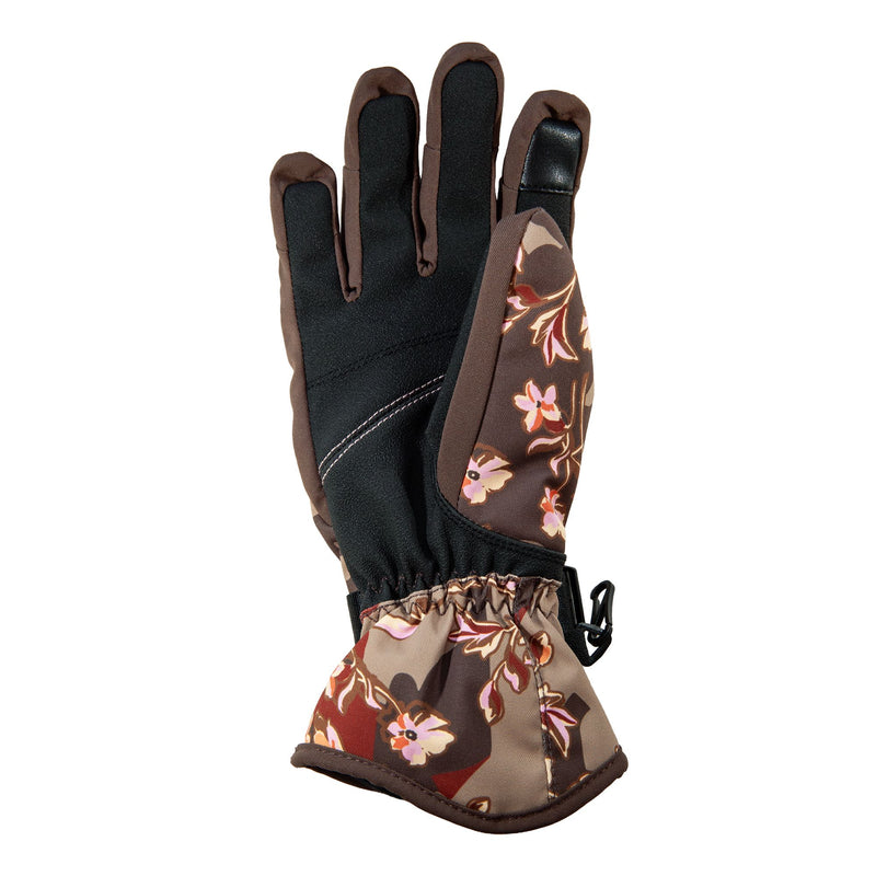The Roxy Jetty Gloves by Roxy feature a brown and black design with floral patterns and an elastic wrist, shown with the palm facing up—these waterproof gloves are perfect for cold weather protection.