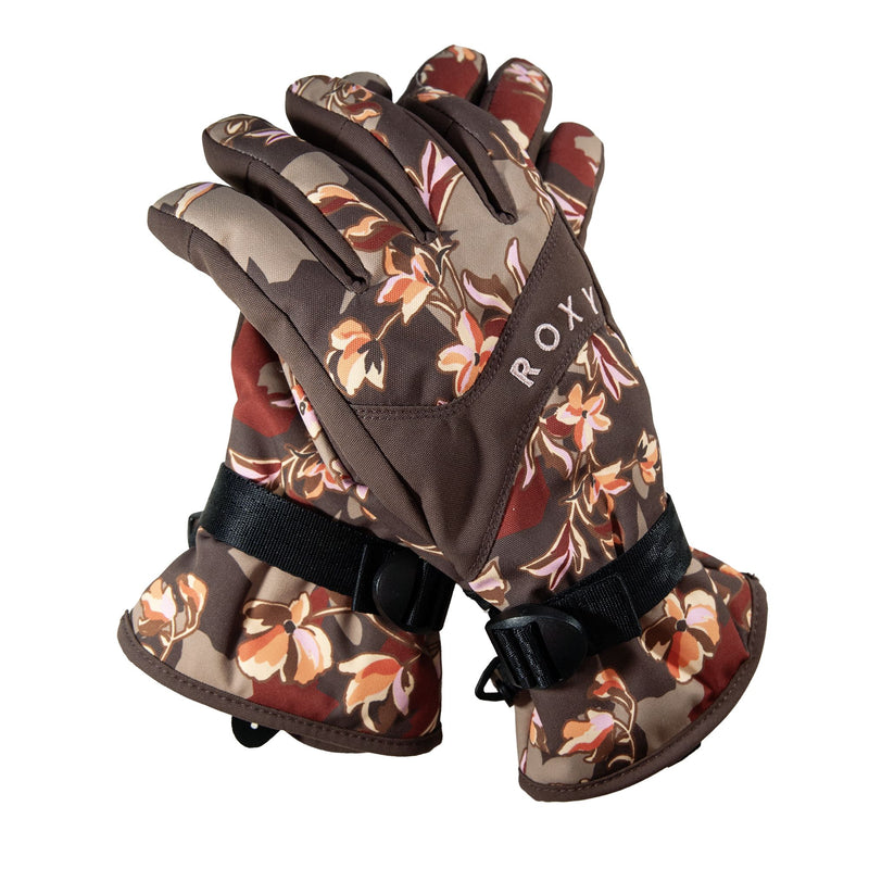 These Roxy Jetty Gloves for women feature a floral pattern in brown, beige, and reddish hues with adjustable wrist straps for a secure fit. With the ROXY logo displayed on the back of one glove, these waterproof winter gloves are designed to keep your hands warm and dry throughout the season while adding a stylish touch to your cold-weather ensemble.