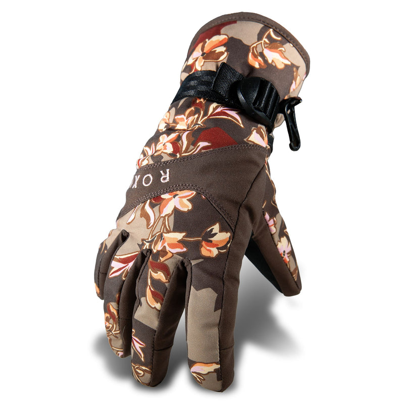 A pair of Roxy Jetty Gloves in brown features a floral pattern, an adjustable wrist strap, and ROXY branding near the wrist; shown against a white background, these gloves combine both style and functionality.