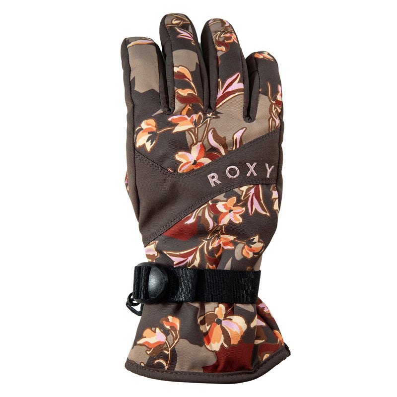 A stylish off-the-vine floral-patterned glove from Roxy, with “ROXY” emblazoned on the back and an adjustable black wrist strap. The Roxy Jetty Gloves are waterproof and touchscreen-compatible, combining fashionable design with practical features perfect for everyday winter use.