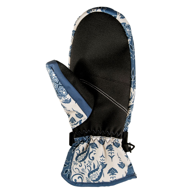 Displayed on a white background, the Roxy Jetty Mitts by Roxy feature a blue and white floral pattern, a black palm, reinforced thumb, and an adjustable wrist strap—these stylish snowboard mittens are designed to keep your hands warm and protected on the slopes.