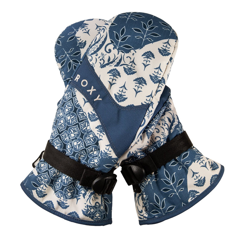 Stay warm and dry on the slopes with the Roxy Jetty Mitts. These blue and white patterned winter ski mittens feature adjustable black straps and display the Roxy logo on one mitten. Designed to be waterproof, they’re ideal for skiing or snowboarding, ensuring your hands are protected from the cold.