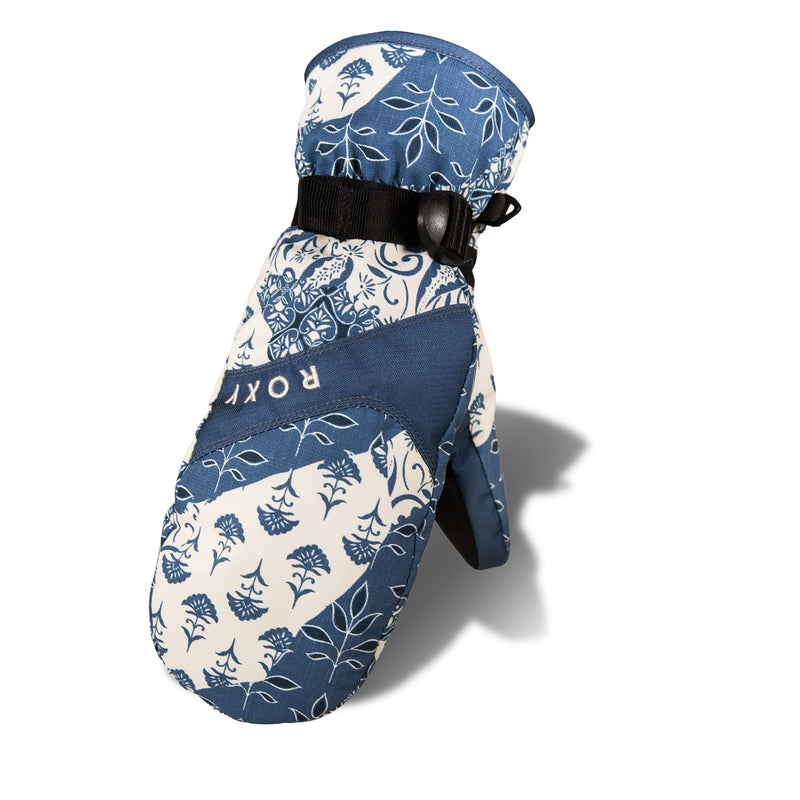 The Roxy Jetty Mitts by Roxy are blue and white patterned waterproof mittens featuring a black adjustable strap and ROXY branding, displayed standing upright on a white background with a shadow—ideal for skiing or snowboarding.
