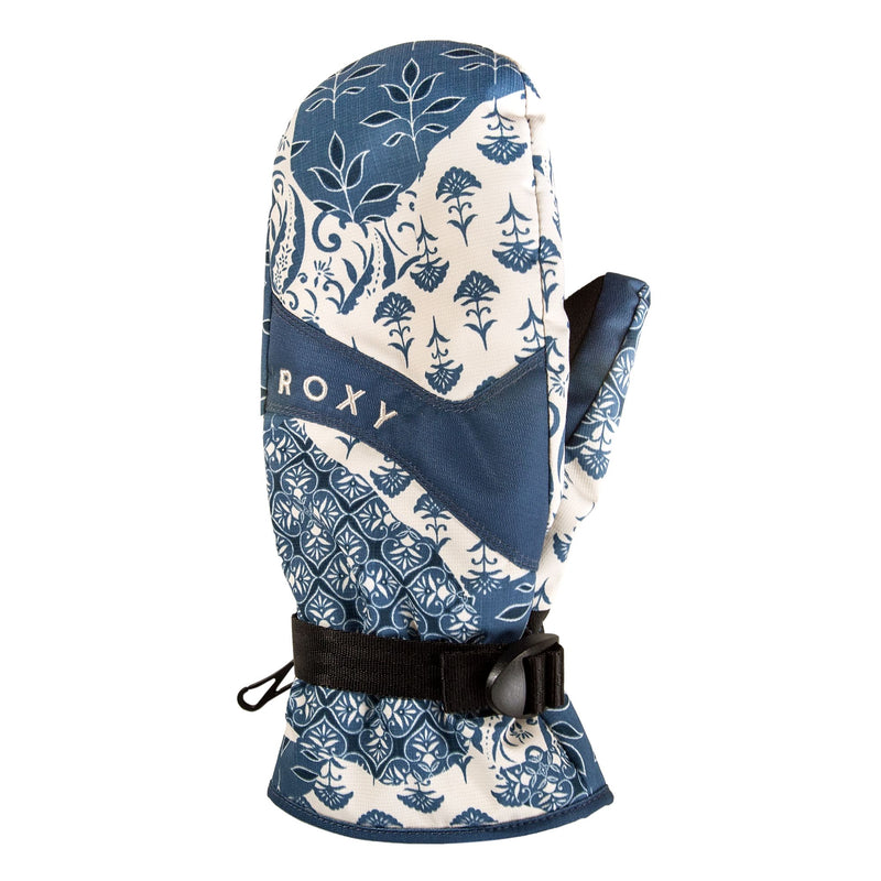 The Roxy Jetty Mitts, in the Loom State colorway, feature blue and white patterns with a mix of floral and geometric designs, a black adjustable wrist strap, and the ROXY logo—making these waterproof ski mittens ideal for keeping your hands warm and dry on the slopes.