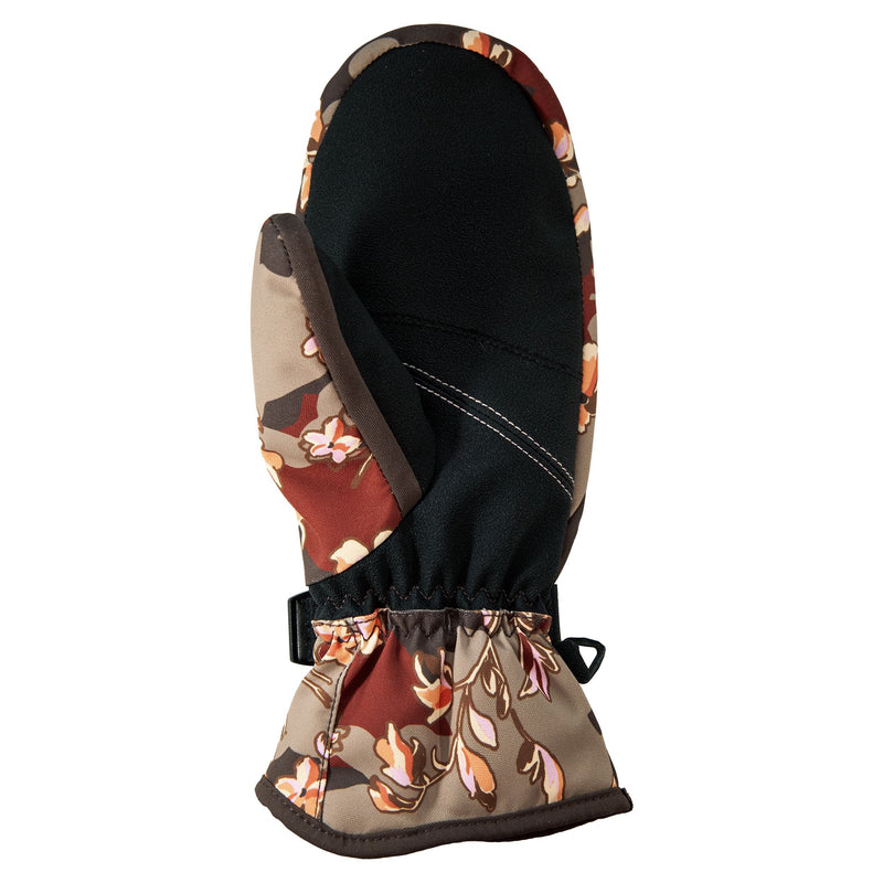 A single Roxy Jetty Mitt with a black palm and floral-patterned fabric in shades of brown, orange, and beige, featuring an elastic wrist and a small black buckle—designed by ROXY in their signature ski mitten style.