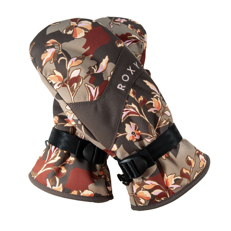 The Roxy Jetty Mitts are a pair of floral-patterned ski mittens by Roxy, showcasing brown, orange, and beige tones along with the ROXY logo and adjustable black straps at the wrists. These stylish waterproof mittens provide both warmth and functionality, making them perfect for your winter adventures.