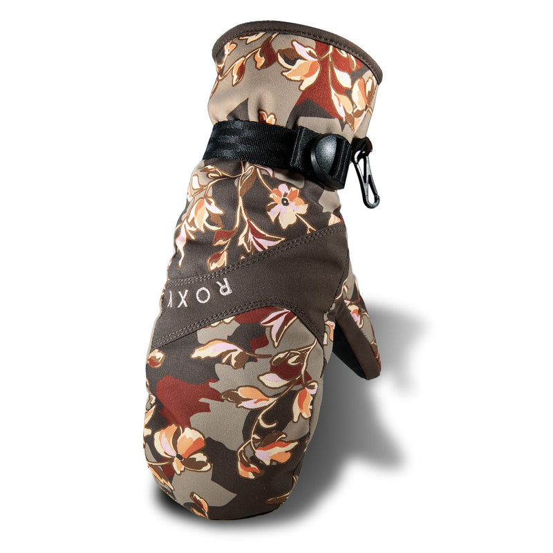 Introducing the Roxy Jetty Mitts by Roxy—a stylish pair of winter mittens featuring a floral pattern in brown, beige, and orange hues. These mittens include a black adjustable strap for a secure fit and display the ROXY logo on the thumb area. Designed for skiing and winter adventures, they combine both fashion and practicality. The mitten is photographed casting a shadow against a white background.