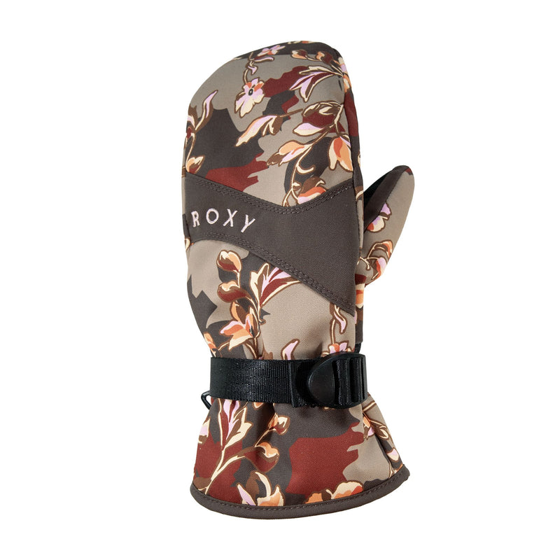 The Roxy Jetty Mitts by Roxy, shown in the “Off the vine” colorway with a floral and camouflage design, feature a black adjustable strap and ROXY branding on the back. These waterproof snowboard mittens offer both style and functionality for your winter adventures.