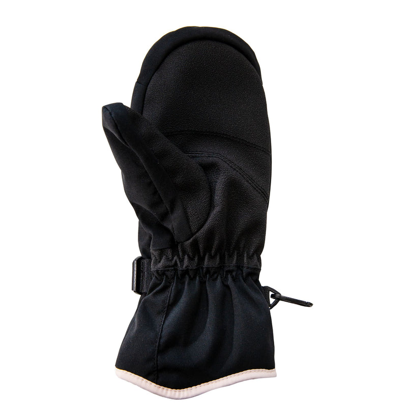 A pair of Roxy Girls Jetty Girl Solid Mitts in black, designed with insulation for winter, featuring an elastic wristband and a small adjustable strap for a secure fit, displayed against a white background.