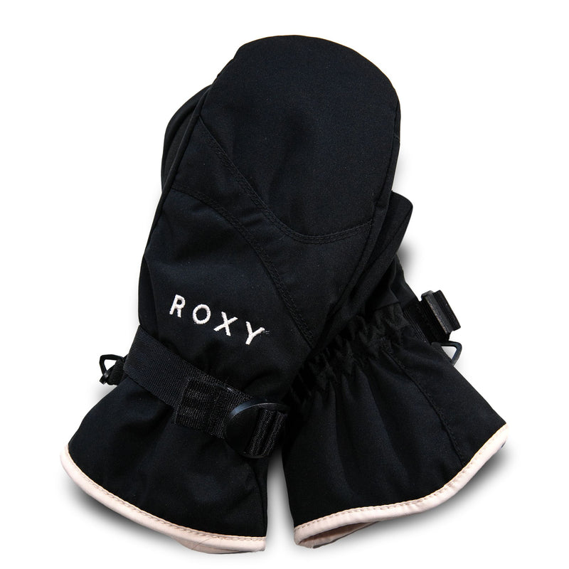 A pair of Roxy Girls Jetty Girl Solid Mitts in black, featuring “ROXY” embroidered in white, gathered wrists, adjustable straps, and light-colored trim on the cuffs.