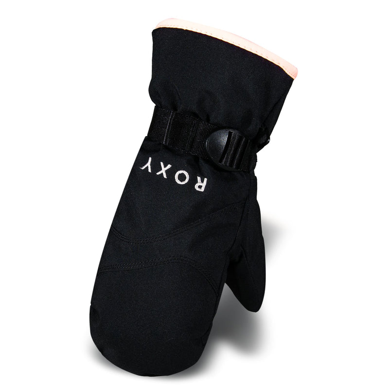 The Roxy Girls Jetty Girl Solid Mitts are black winter mittens featuring an adjustable strap and light pink trim, showcased upright against a white background. These insulated ROXY mittens are crafted to keep hands warm and dry, making them the ideal waterproof ski mittens for girls heading out on snowy adventures.