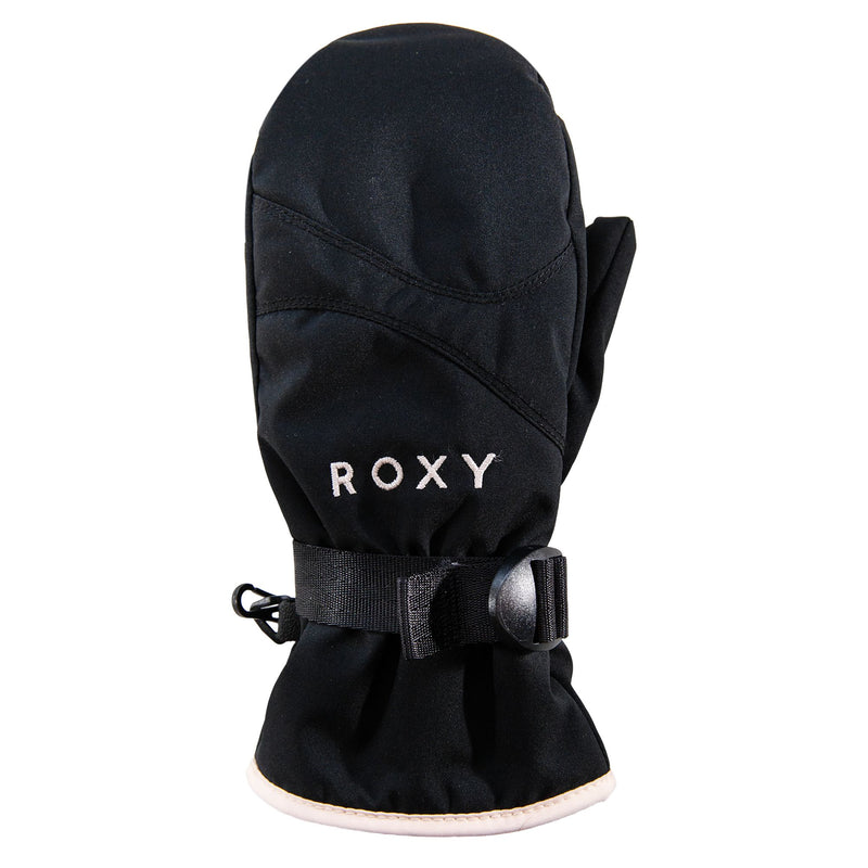 A Roxy Girls Jetty Girl Solid Mitt in black w/pink salt, featuring a strap and buckle at the wrist, is displayed upright with the thumb visible against a white background.
