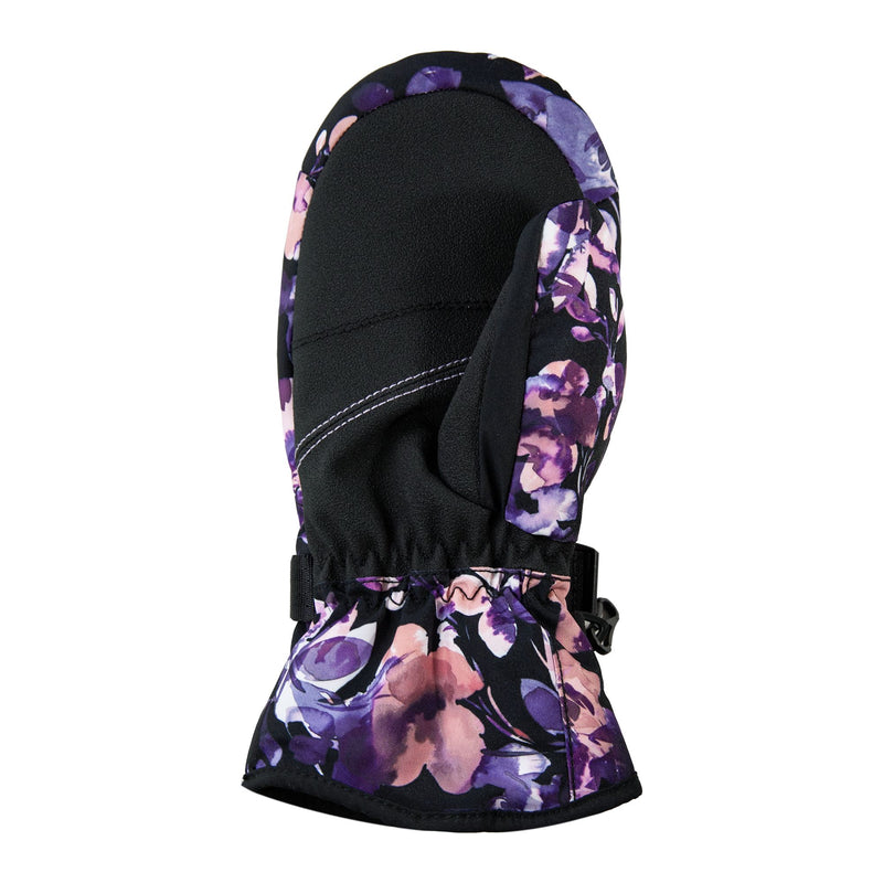 A single Roxy Girls Jetty Mitt from Roxy, showcasing a black and purple floral design with a cinched wrist and solid black palm, is displayed against a white background. These girls’ winter mittens are crafted to keep hands warm and stylish throughout the season.