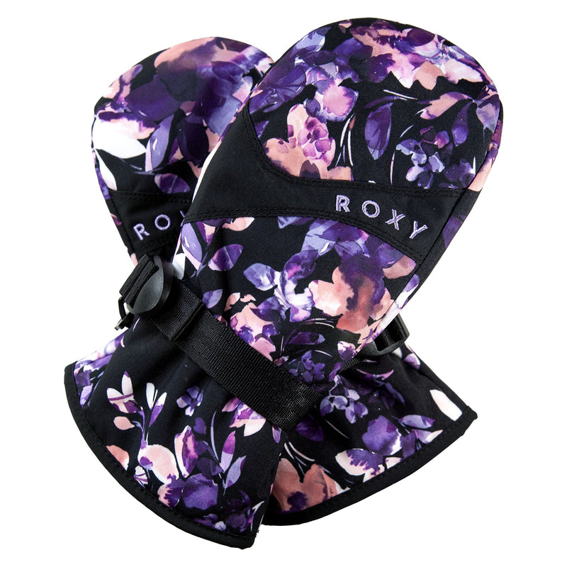 The Roxy Girls Jetty Mitts feature a purple and pink floral pattern, adjustable black straps, and the ROXY logo embroidered on each mitten. These waterproof ski mittens combine warmth and style, making them perfect for your next adventure.
