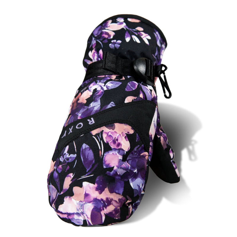 The Roxy Girls Jetty Mitts by Roxy are shown as a single mitten with a purple and black floral pattern, featuring both a buckle and a drawstring for adjustment, displayed on a white background with a shadow—ideal for girls’ winter wear or as stylish snowboard mittens.