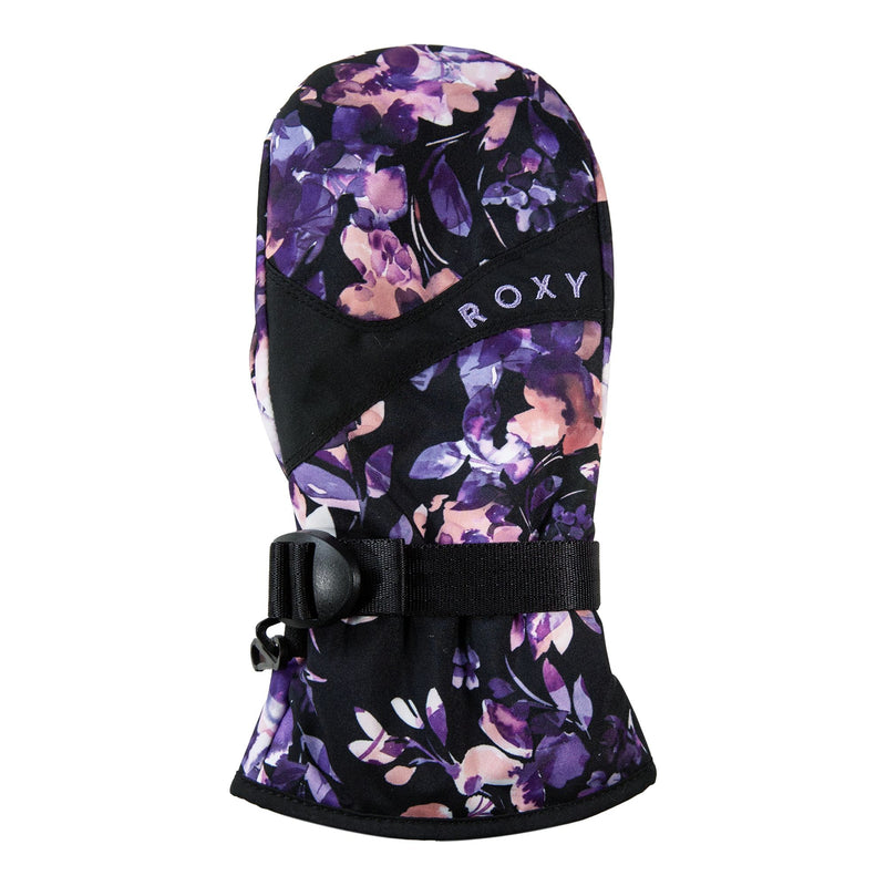 A pair of Roxy Girls Jetty Mitts in the Blended Bouquet color, featuring a purple and black floral design with a black adjustable wrist strap and buckle—stylish and warm winter mittens by Roxy, perfect for girls hitting the slopes; displayed on a white background.