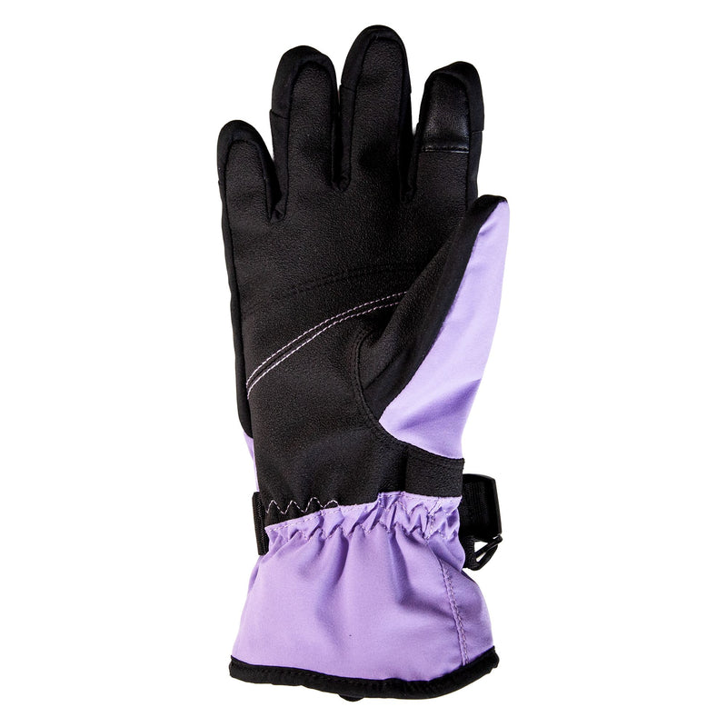 A single Roxy Girls Jetty Girl Glove, featuring black material on the palm side and light purple fabric on the back and cuff, with a strap and gathered wrist for kids.