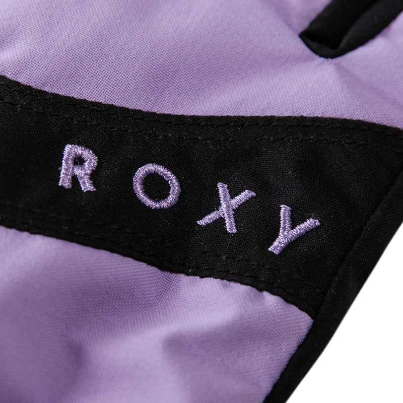 Close-up of a purple fabric with black trim and the word ROXY embroidered in light purple thread—perfect for the stylish Roxy Girls Jetty Girl Gloves.