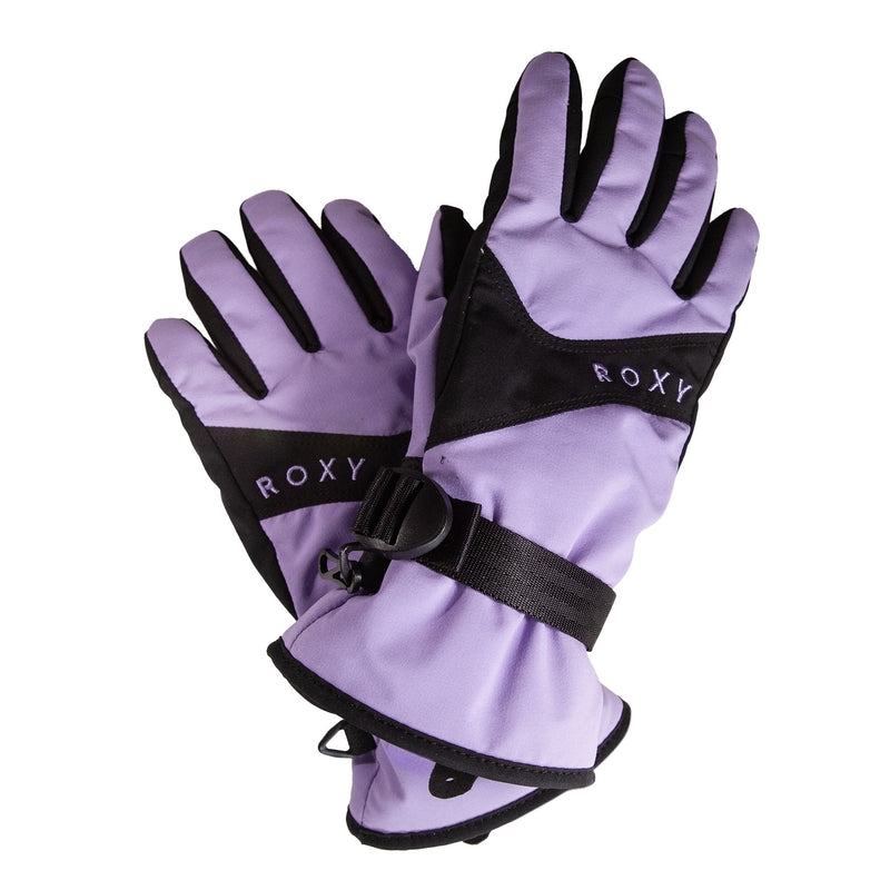 Introducing the Roxy Girls Jetty Girl Gloves in a stylish purple and black design. These insulated winter gloves for kids feature the Roxy brand name on the wrist, adjustable straps for a secure fit, and a convenient clip to keep the pair together. Perfect for chilly days on the slopes, they keep little hands warm and protected.