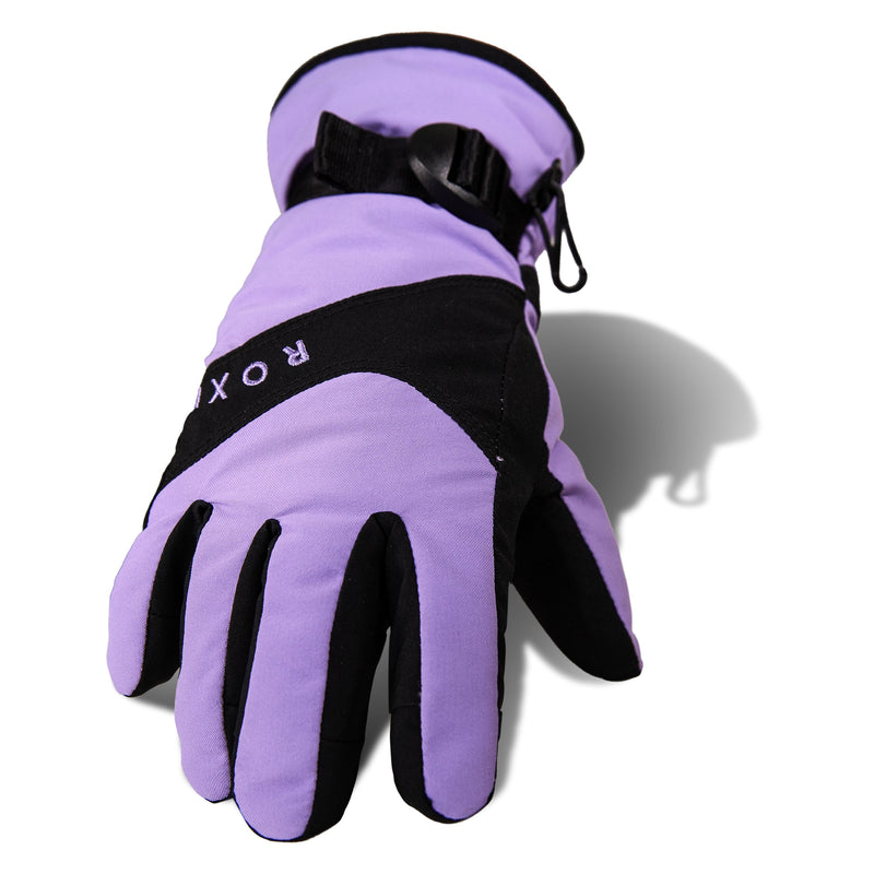 The Roxy Girls Jetty Girl Gloves by Roxy, in purple and black with an insulated design and wrist strap, are shown palm-down on a white background with a shadow to the right.