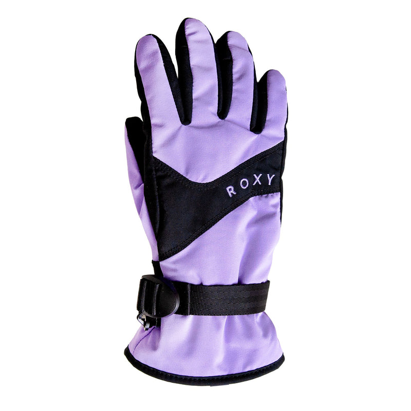 The Roxy Girls Jetty Girl Gloves in the color Sunlit Allium feature a stylish purple and black design with a black strap and buckle at the wrist, as well as “ROXY” embroidered on the back. Ideal for snowy adventures, these gloves are designed to keep hands warm and cozy. The gloves are shown against a white background.