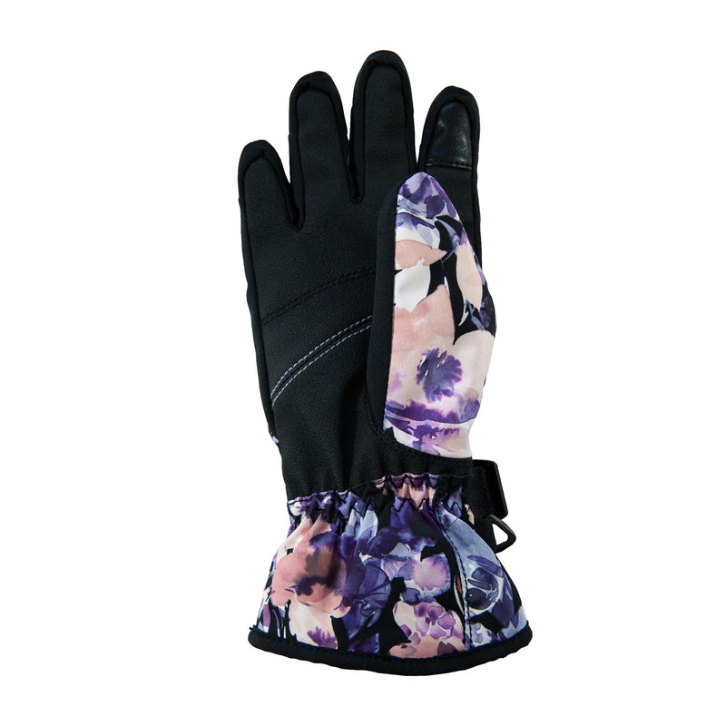 The Roxy Girls Jetty Girl Gloves by Roxy are black insulated winter gloves designed for girls, featuring a floral pattern in shades of purple, pink, and white on the thumb and wrist area. They include a gathered wrist and a convenient side clip.