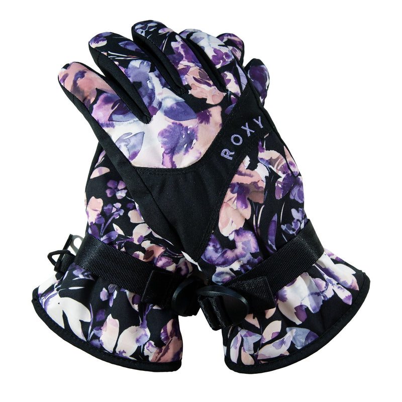 A pair of Roxy Girls Jetty Girl Gloves with a black base and a purple, pink, and white floral pattern, featuring adjustable wrist straps and cinched cuffs.