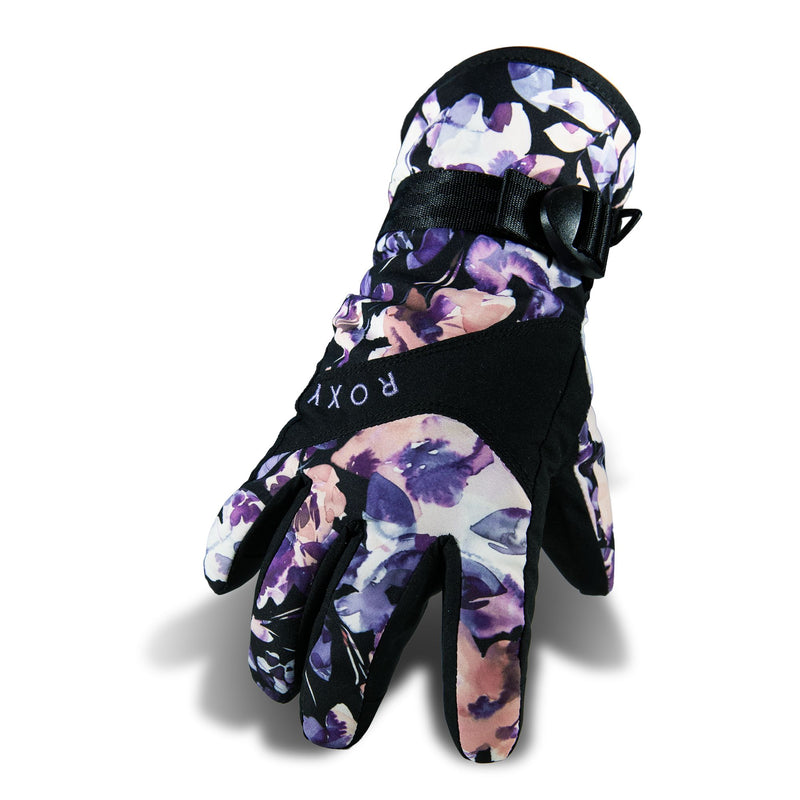 A single Roxy Girls Jetty Girl Glove, showcasing a purple, pink, and black floral pattern with a black adjustable strap and the ROXY logo on the back. This insulated winter glove for girls is displayed on a white background with a subtle shadow.