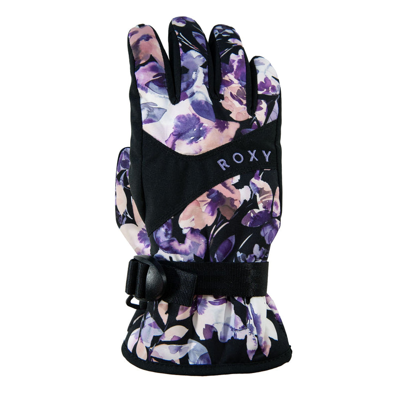 Featuring a blended bouquet floral pattern in purple, pink, and white, the Roxy Girls Jetty Girl Gloves are insulated winter gloves designed for girls. These stylish gloves showcase the ROXY brand name and include a black adjustable wrist strap to keep hands warm and secure on the slopes.