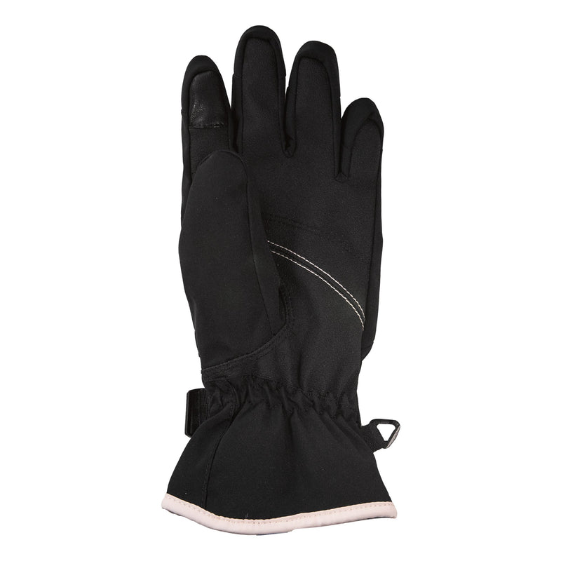 The Roxy Girls Jetty Girl Gloves by Roxy are black winter gloves featuring a slightly curved shape, visible stitching, an adjustable wrist strap, and a light-colored trim at the cuff. Displayed against a white background, they’re perfect for kids’ winter wear or as snowboard mittens for girls.