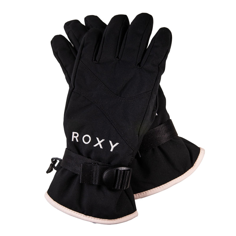 A pair of Roxy Girls Jetty Girl Gloves in black, featuring adjustable straps and light-colored trim, are displayed overlapping on a white background.