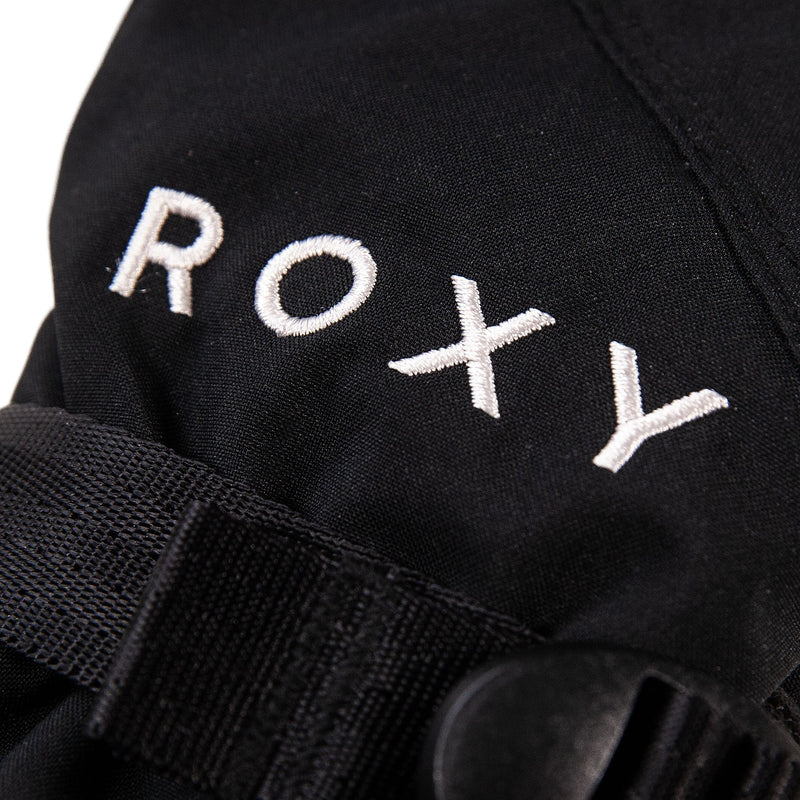 Close-up of a black fabric item with white embroidered letters spelling ROXY and a black strap with a plastic buckle visible at the bottom of the image, resembling details found on Roxy Girls Jetty Girl Gloves by Roxy.