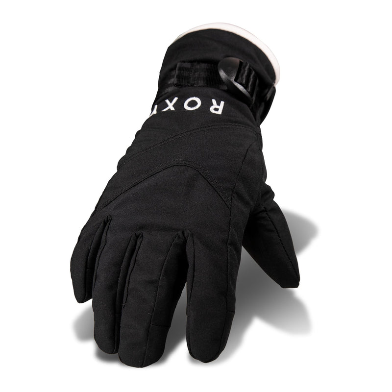A pair of Roxy Girls Jetty Girl Gloves in black, featuring the ROXY logo in white on the back, is shown palm down on a white background with a shadow.