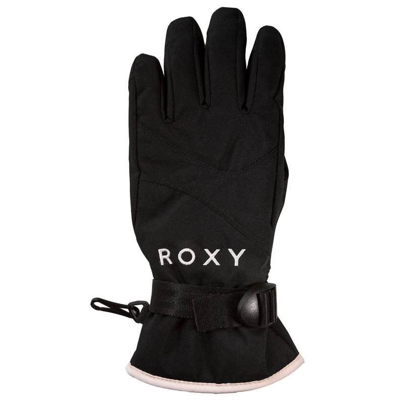 A single Roxy Girls Jetty Girl Glove in black with pink salt accents, featuring “ROXY” embroidered in white across the back and an adjustable strap at the wrist—ideal for those seeking stylish snowboard gloves for girls.