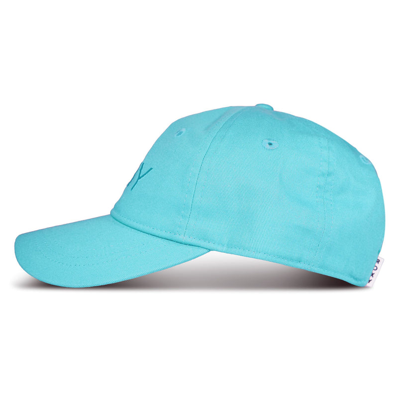 A side profile of the Roxy Dear Believer Baseball Cap for women is displayed against a white background. Crafted from cotton twill, this bright turquoise hat features a curved brim and stitched ventilation eyelets on top.