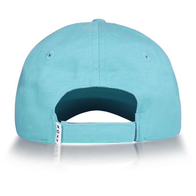 The Dear Believer Baseball Cap by Roxy is shown from the back, featuring an adjustable strap and a small white tag with black text on the left side. Made from soft cotton twill, this light blue women’s cap is displayed against a plain white background.