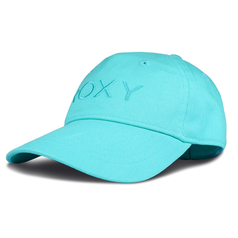 The Dear Believer Baseball Cap by Roxy is a turquoise cotton twill hat for women, featuring “ROXY” embroidered on the front. Shown at a slight angle on a white background, it makes a stylish addition to your Roxy accessories collection.