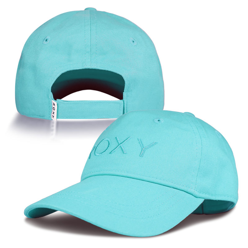 Two angles of the Dear Believer Baseball Cap by Roxy: the front highlights understated embroidered lettering, while the back reveals an adjustable strap adorned with a small white tag. Made from soft cotton twill, this turquoise women’s hat is a must-have from the ROXY Accessories collection.