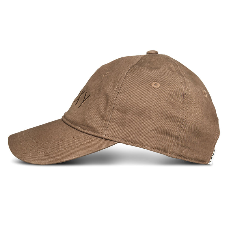 A side view of the Dear Believer Baseball Cap by Roxy, crafted from soft brown cotton twill with stitching details. This women’s baseball hat features a curved brim and visible ventilation eyelets for added comfort.