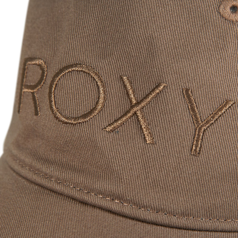 Close-up of the Dear Believer Baseball Cap by Roxy, a brown cotton twill baseball hat for women featuring the word ROXY embroidered in large capital letters on the front, part of the stylish Roxy Accessories collection.