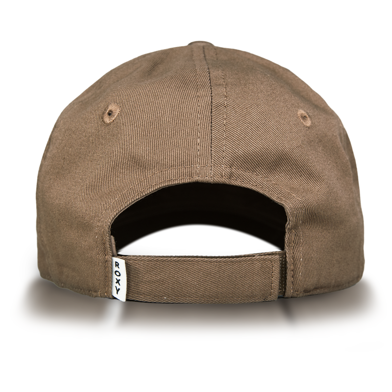 The Dear Believer Baseball Cap by Roxy is a brown cotton twill hat for women, shown from the back. It features an adjustable strap with a small white ROXY tag and two metal eyelets for ventilation. Part of the ROXY Accessories collection.