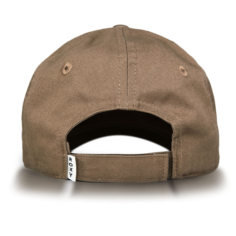 The Dear Believer Baseball Cap by Roxy, crafted from soft cotton twill, is shown in brown from the back, featuring an adjustable strap with a white ROXY tag. This women’s baseball hat sits on a white surface with a subtle shadow—an ideal pick from Roxy Accessories.