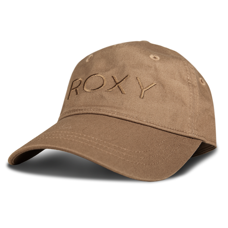 The Dear Believer Baseball Cap by Roxy is a tan cotton twill hat for women, featuring “ROXY” embroidered on the front in matching tan thread. Displayed on a white background, this cap makes a stylish addition to your Roxy Accessories collection.