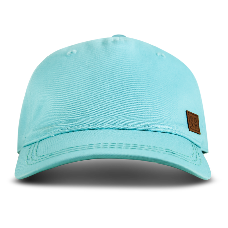 A women’s Extra Innings Baseball Cap by Roxy in Tanager Turquoise, featuring a curved visor and a small brown patch with the ROXY logo on the front, set against a plain white background.