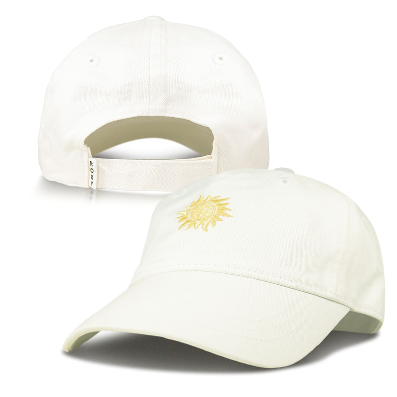 The Roxy Next Level Cap is a women’s baseball hat made from soft white cotton twill, highlighted by a small yellow sun emblem on the front. It features a classic curved visor and an adjustable strap at the back for a comfortable, customized fit.
